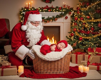 May include: A baby dressed in red sleeps peacefully in a wicker basket lined with white fur. Santa Claus, in a red suit and hat, looks down at the baby. A Christmas tree and gifts are in the background.