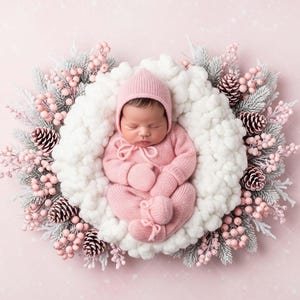 May include: A newborn baby wearing a pink knitted outfit and bonnet, nestled in a fluffy white wreath adorned with pinecones, berries, and frosted greenery. The background is a soft pink.
