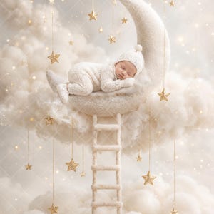 May include: A sleeping infant wearing a white knit hat and matching onesie, resting on a large, textured, cream-colored crescent moon prop. A small, matching cream-colored ladder is attached to the moon, surrounded by hanging gold star ornaments.