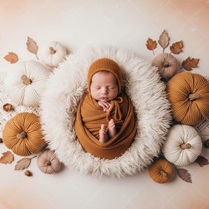 May include: A newborn baby wrapped in a mustard-colored blanket and bonnet, nestled in a fluffy white nest. The baby is surrounded by knitted pumpkins in shades of white, tan, and orange, with fall leaves and decorative accents.
