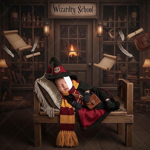 May include: A baby in a wizard costume asleep on a wooden bed. The scene is set in a wizardry school with scrolls, feathers, and a sign that reads "Wizardry School". The baby is wearing a black robe, scarf, and hat.