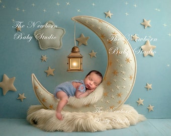 Newborn Digital Backdrop, Digital Backdrop Newborn, Newborn Digital Background, Crescent Moon, Light Blue, Whimsical, Stars, Lantern, Boy