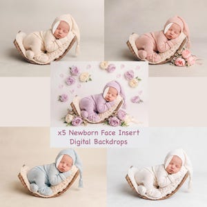 Set of 5 Newborn Face Insert Digital Backdrops | Minimalist Neutral Baby Photography Bundle | Photoshop Composite Templates PSD & PNG