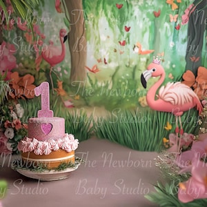 1st birthday backdrop Pink Flamingo Children Birthday Background Cake Smash Pink Balloons Girls
