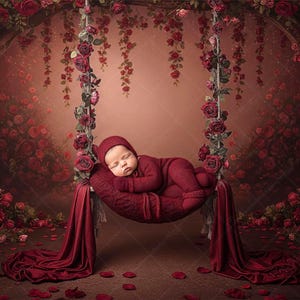 May include: A newborn baby in a burgundy outfit and bonnet rests peacefully on a decorative swing. The swing is adorned with red roses and draped with fabric. The background features a rose-filled arch and scattered petals.