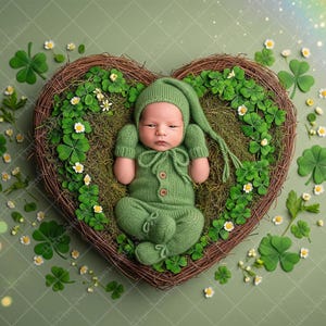 Può includere: Un neonato con un completo verde lavorato a maglia, tra cui cappello, guanti e pantaloni, giace in un nido a forma di cuore fatto di ramoscelli e vegetazione. Il nido è circondato da trifogli e piccoli fiori bianchi, con un arcobaleno sullo sfondo.