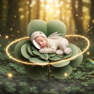Può includere: Un neonato con un completo in maglia color crema e un cappello con un dettaglio a trifoglio, appoggiato su un grande trifoglio verde. L'immagine è ambientata in una foresta con un alone dorato e un arcobaleno.