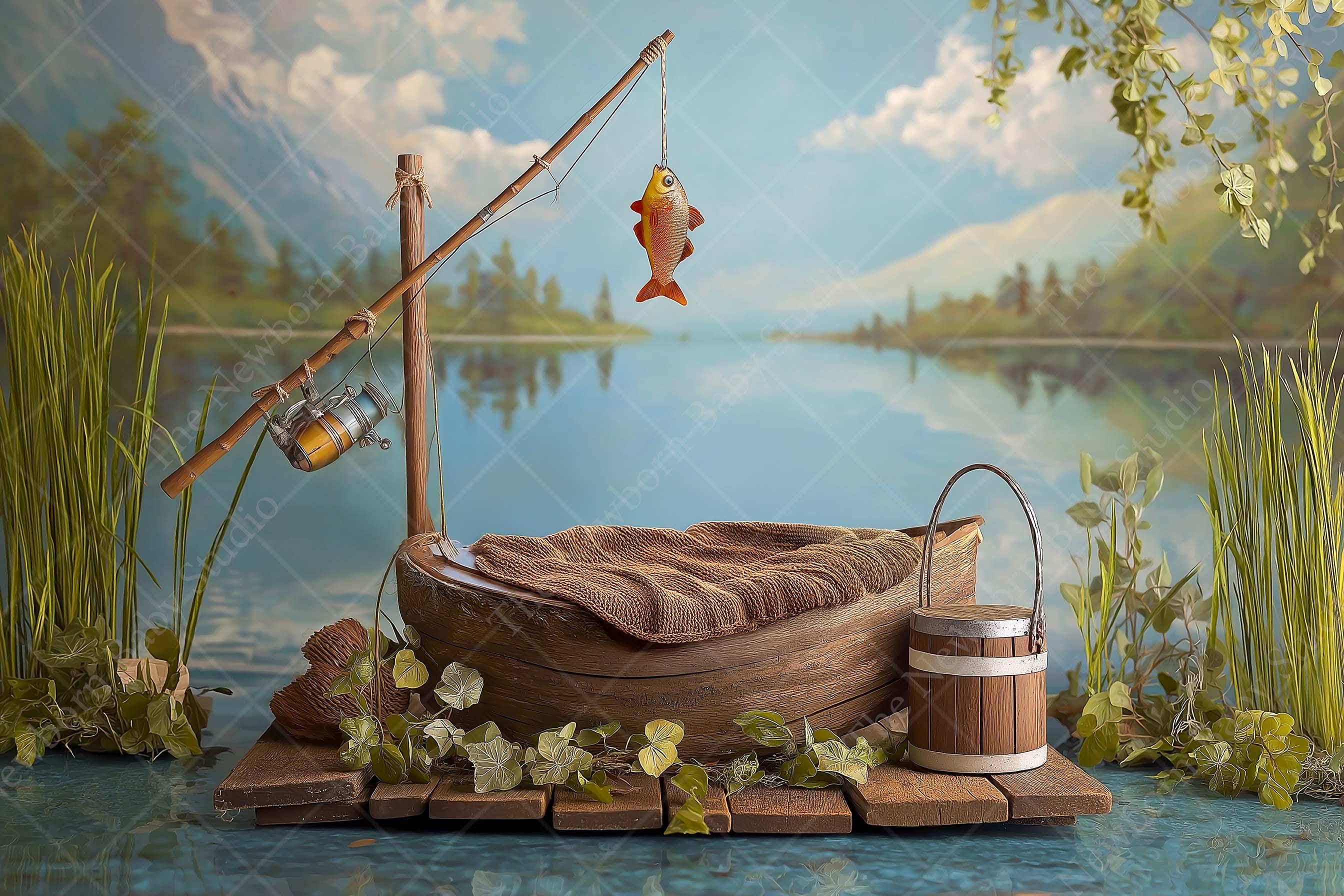 Newborn Fishing Boat Digital Backdrop | Lake Baby Boy Photo Prop 
