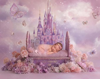 Castle Newborn Digital Backdrop, Princess Newborn Background, Digital Backdrop Newborn Pink, Lilac, Fantasy Backdrop for girl, Butterflies
