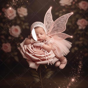 Pode incluir: Um recém-nascido vestido de fada, usando um vestido de tule rosa, gorro e luvas, com sapatos a condizer. O bebê está deitado em uma grande rosa rosa, com asas de fada. O fundo apresenta rosas e luzes brilhantes.