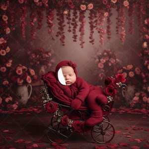 Puede incluir: Un bebé recién nacido con un conjunto y gorro burdeos descansa en un cochecito de estilo vintage adornado con rosas. El fondo presenta un arreglo floral y pétalos de rosa, creando una escena romántica y elegante.