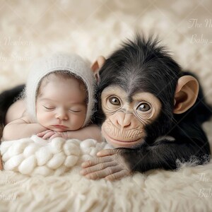 May include: A baby wearing a white crocheted hat sleeps peacefully while a young chimpanzee rests its head on the baby's back. The baby and chimpanzee are lying on a white fluffy blanket.