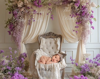 Newborn Digital Backdrop with Chair, Digital Backdrop Newborn, Newborn Digital Background, Chair, Floral, Flowers Girl