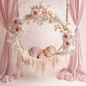 Blush Pink Floral Swing Newborn Digital Backdrop | Baby Girl Photography Prop | Soft Curtain Composite Background