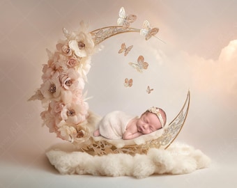 Newborn Digital Backdrop | Moon & Floral Bed with Butterflies | Dreamy Pink and Gold Baby Photo Prop