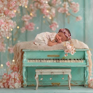 Newborn Digital Backdrop | Vintage Piano & Cherry Blossoms | Spring Baby Photography Prop | Photoshop Composite Background