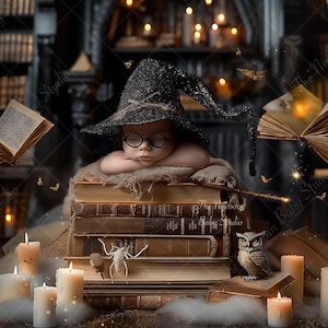 Puede incluir: Un bebé con un sombrero de mago negro y gafas redondas, descansando sobre una pila de libros. La escena incluye velas, una figura de búho y libros flotantes, creando un tema mágico y de fantasía.
