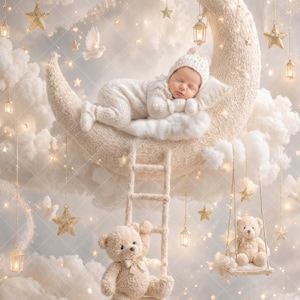 May include: A sleeping infant in a cream-coloured knit outfit and matching hat rests on a large, textured crescent moon prop. A small ladder leads to the moon, where a plush teddy bear sits. Hanging stars and lanterns decorate the cloud-filled scene.