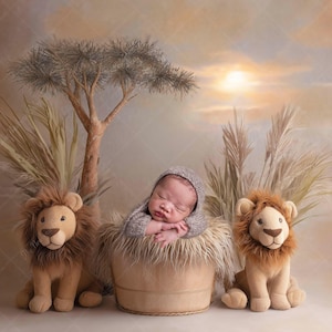 Safari Sunset Newborn Digital Backdrop – Plush Lion Jungle Theme Photography Background