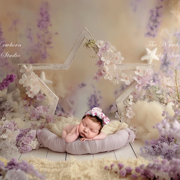 Newborn Digital Backdrop with Stars, Digital Backdrop Newborn, Newborn Digital Background, Stars, Floral, Lilac, Girl