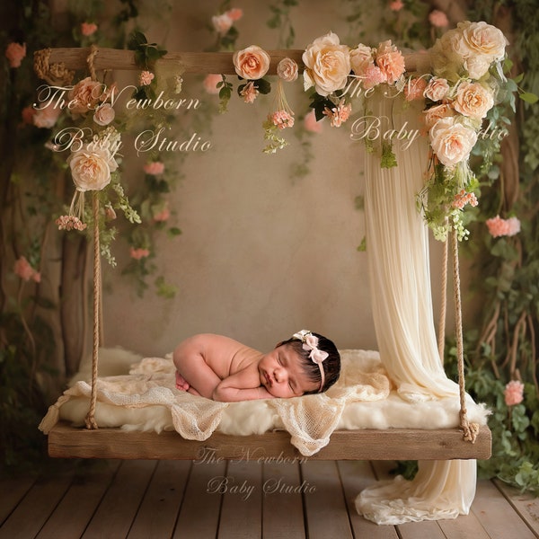 Newborn Digital Backdrop, Digital Backdrop Newborn, Floral Hanging Swing Backdrop Newborn, Rope swing bench, Girl