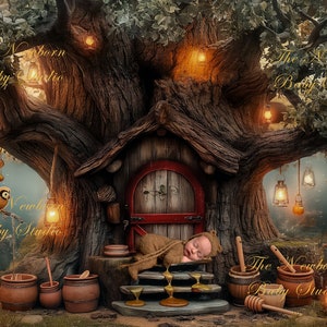 Puede incluir: Un bebé recién nacido durmiendo en un acogedor nido hecho de ramas de árboles y hojas. El nido está decorado con panales de miel, linternas y una puerta de madera. El texto "The Newborn Baby Studio" es visible en la imagen.