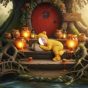 May include: A whimsical scene depicts a baby in a yellow bear costume sleeping near a tree house entrance. Honey pots with glowing lights and a sign that says "Honey" add to the fairytale theme. A small wooden bridge crosses a stream.