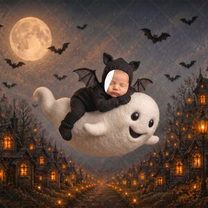 May include: A sleeping infant wearing a black bat costume with small wings and a hood with ears, resting on a large, white, smiling ghost figure. The background features a dark, spooky village scene at night with a full moon and flying bats.
