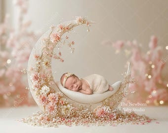 Crescent Moon Baby Photo Prop | Floral Newborn Photography Bed | Blush Pink Studio Setup for Baby Girl