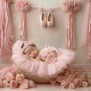 Fondo digital rosa para recién nacidos (estilo ballet) / Fondo floral para fotografía de bebé niña / Fondo para fotografía de recién nacidos