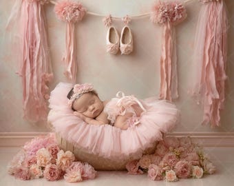 Pink Ballet Newborn Digital Backdrop | Baby Girl Floral Photography Background | Newborn Photography Backdrop