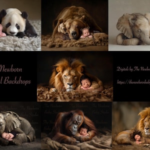 May include: A set of 7 digital newborn backdrops featuring a baby sleeping with various animals, including a panda, bear, elephant, lion, and orangutan. The backdrops are ideal for photographers looking to create unique and memorable newborn portraits.
