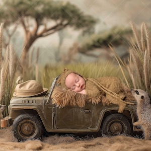 Safari Vintage Jeep Newborn Digital Backdrop | African Safari Baby Photo Background | Instant Download