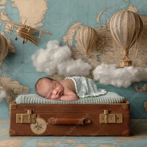 Neugeborenen digitaler Hintergrund - Vintage Reise Neugeborenen digitaler Hintergrund - Heißluftballons und Doppeldecker - Weltkarte