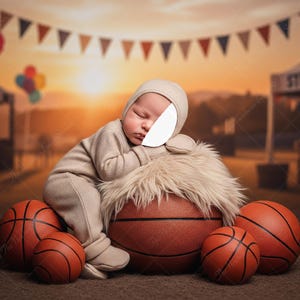 Op de afbeelding: Een slapende baby in een beige outfit en muts rust op een zacht kussen dat op een basketbal is geplaatst. Verschillende andere basketballen omringen de baby. De achtergrond toont een zonsondergang met een streetball-banner en kleurrijke ballonnen.