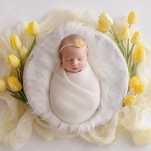 May include: A newborn baby wrapped in a cream-colored blanket, resting in a white wooden bowl lined with fluffy white fabric. The baby wears a headband with a small yellow flower. Yellow tulips and cream-colored fabric surround the bowl, creating a soft, spring-like scene.