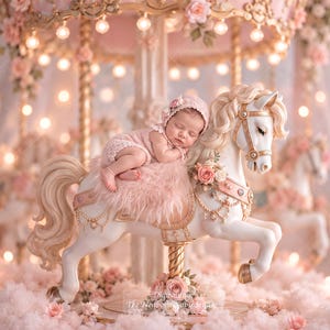 Puede incluir: Un caballo de carrusel blanco con detalles dorados y flores rosas, con un bebé dormido que lleva un gorro y un pelele de punto rosa sobre una silla de piel sintética rosa, frente a un fondo de luces brillantes y flores.