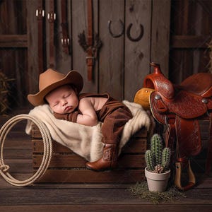 May include: A baby in a cowboy outfit, including a hat and boots, sleeps on a wooden crate. A saddle, rope, and cactus are part of the Western-themed scene, set against a rustic wooden backdrop.