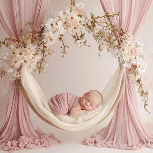 Floral Hoop Swing Newborn Digital Backdrop | Blush Pink Baby Girl Photography Prop | Soft Curtain Composite Background