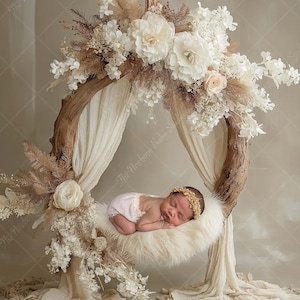 Newborn Digital Backdrop Boho Swing | Neutral Floral Baby Photography Background | Rustic Wood Prop | Cream Beige Newborn Photo Overlay