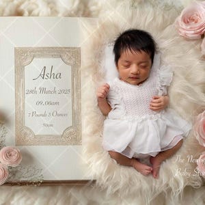 Faire-part de naissance nouveau-né PSD | Arrière-plan floral livre pour Photoshop | Modèle de livre de bébé fille modifiable pour les statistiques de naissance