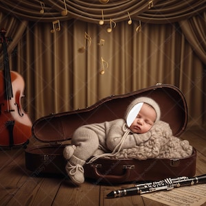 Könnte beinhalten: Ein Neugeborenes in beiger Kleidung und Mütze ruht in einem offenen braunen Geigenkasten. Links steht ein Cello, unten eine Klarinette und Noten. Noten hängen von oben.