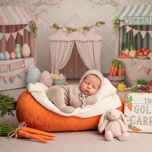 Può includere: Un neonato in tutina beige dorme pacificamente in un letto a forma di carota arancione scolpita. La scena è allestita con decorazioni di uova di Pasqua, un coniglietto di peluche e un cartello con la scritta "The Golden Carrot".