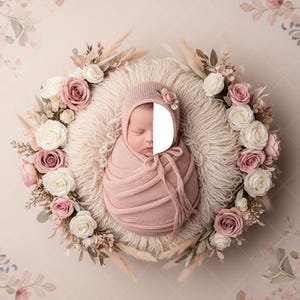 May include: A newborn baby wrapped in a soft pink blanket and bonnet, nestled in a fluffy, cream-colored nest. The nest is surrounded by a wreath of pink and white roses, pampas grass, and other floral elements, on a floral background.