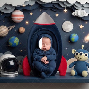 Puede incluir: Un bebé recién nacido con un conjunto y gorro de punto azul, acurrucado dentro de un accesorio de cohete. La escena temática espacial incluye planetas, estrellas, un juguete alienígena y un casco de astronauta blanco. El fondo presenta nubes de papel recortadas y un telón de fondo azul oscuro.