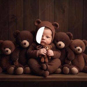May include: A baby wearing a brown bear-themed outfit, including a hat with bear ears, sits surrounded by four plush teddy bears. The baby holds a small teddy bear. The background is a dark brown wooden wall.