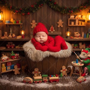 May include: A newborn baby in a red knit outfit and hat rests in a wooden bucket lined with faux fur. The scene is decorated with Christmas toys, lights, and a mouse dressed as an elf painting on a miniature easel. The overall theme is Christmas.