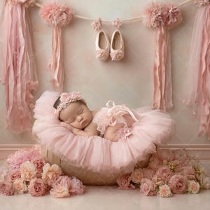 以下が含まれることがあります： ピンクのチュチュとヘアバンドを着けた眠っている赤ちゃんが、ピンクの花に囲まれた編みかごの中にいます。ピンクのリボンや装飾が上から吊り下げられ、中央には小さなバレエシューズが吊り下げられています。