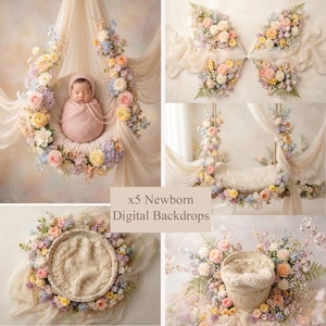 May include: A collection of five digital backdrops for newborn photography featuring floral arrangements in pastel shades of pink, yellow, blue, and white. The images include hanging swings, circular baskets, and butterfly-shaped flower displays.
