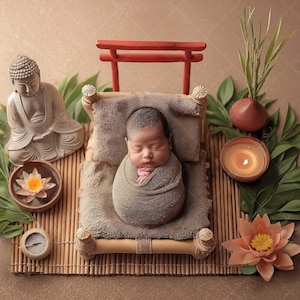 May include: A newborn baby swaddled in a soft blanket, resting on a miniature bed with a bamboo frame. The scene is decorated with a Buddha statue, lotus flowers, a candle, and greenery, creating a serene, spa-like atmosphere.